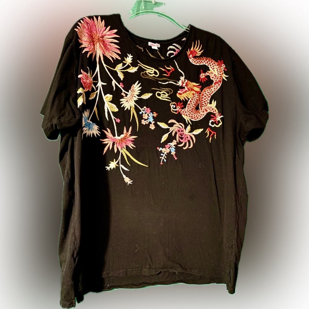 Johnny Was Black Embroidered T-Shirt XL